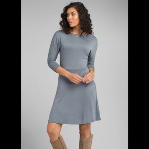 Prana Simone Pullover Dress Crisscross Back Slit Pockets Athleisure Blue Gray Lg